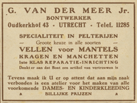 717230 Advertentie van G. van der Meer Jr., bontwerker, Oudkerkhof 43 te Utrecht.